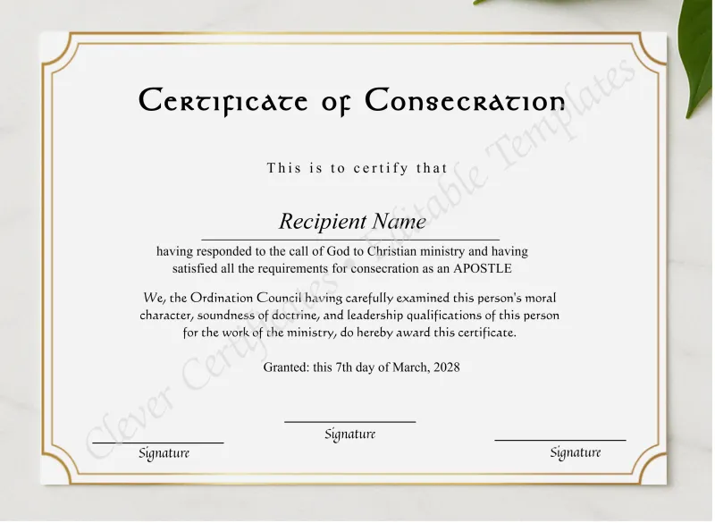 Downloadable Certificate Of Consecration presented in a sleek wooden frame, elegantly arranged on a stylish table.