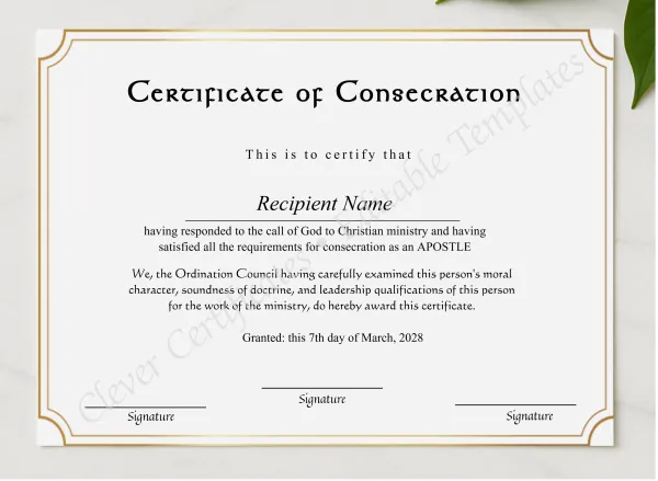 Downloadable Certificate Of Consecration presented in a sleek wooden frame, elegantly arranged on a stylish table.