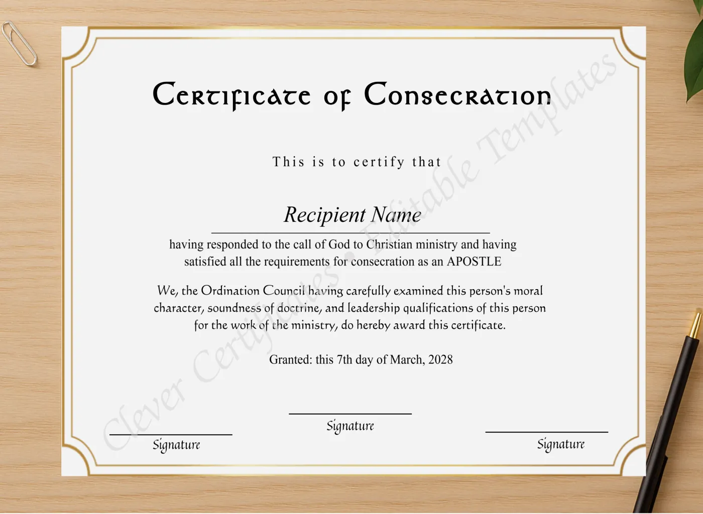 Professional preview of Downloadable Certificate Of Consecration certificate on high-quality stationery paper, ideal for showcasing the final look.
