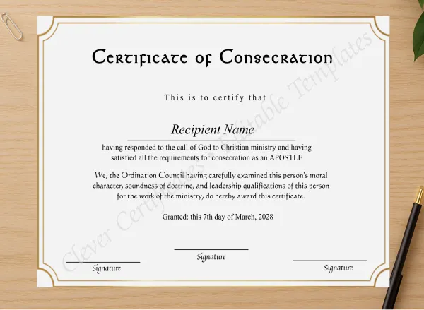 Professional preview of Downloadable Certificate Of Consecration certificate on high-quality stationery paper, ideal for showcasing the final look.