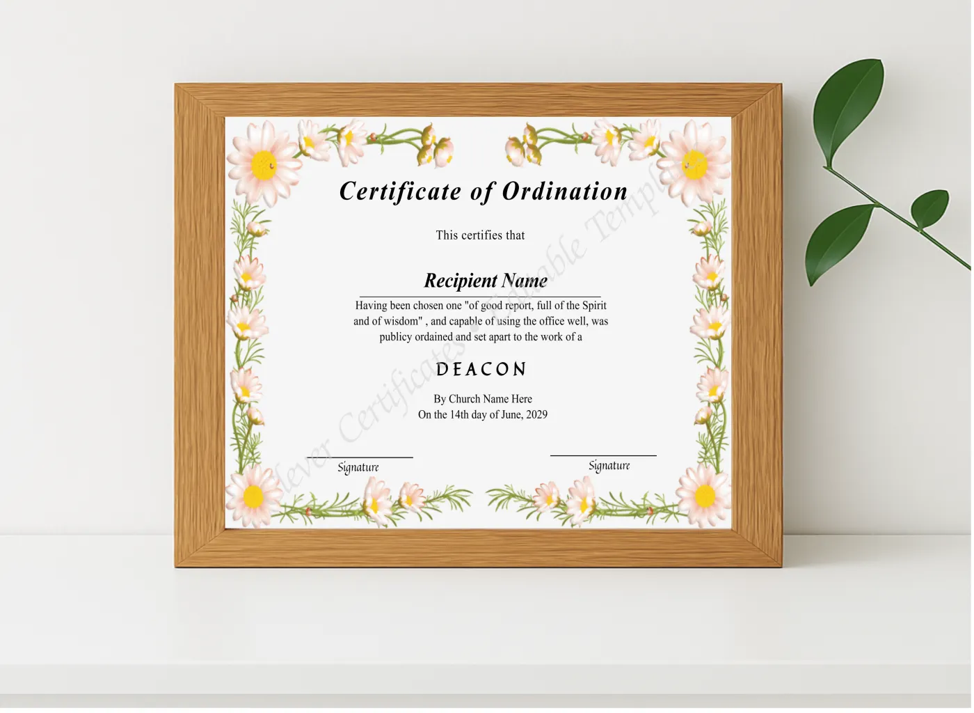 Realistic mockup featuring Editable Deacon Ordination Certificate displayed within a modern frame, set against a minimalistic background.