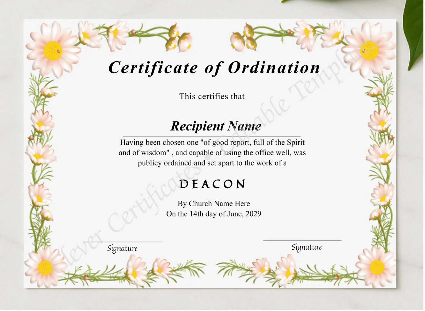 Editable Deacon Ordination Certificate presented in a sleek wooden frame, elegantly arranged on a stylish table.