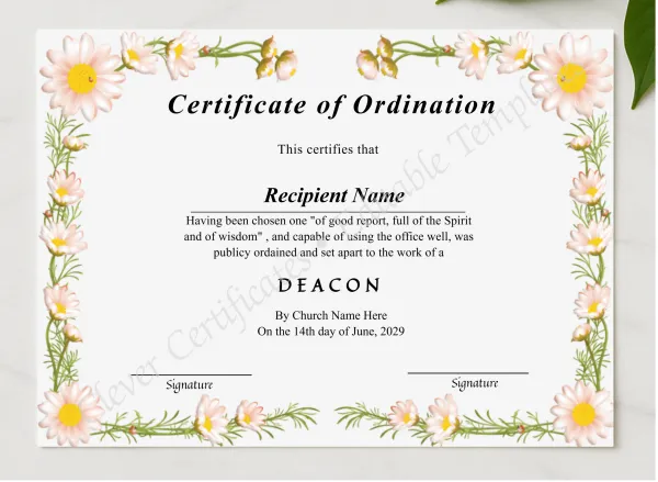Editable Deacon Ordination Certificate presented in a sleek wooden frame, elegantly arranged on a stylish table.