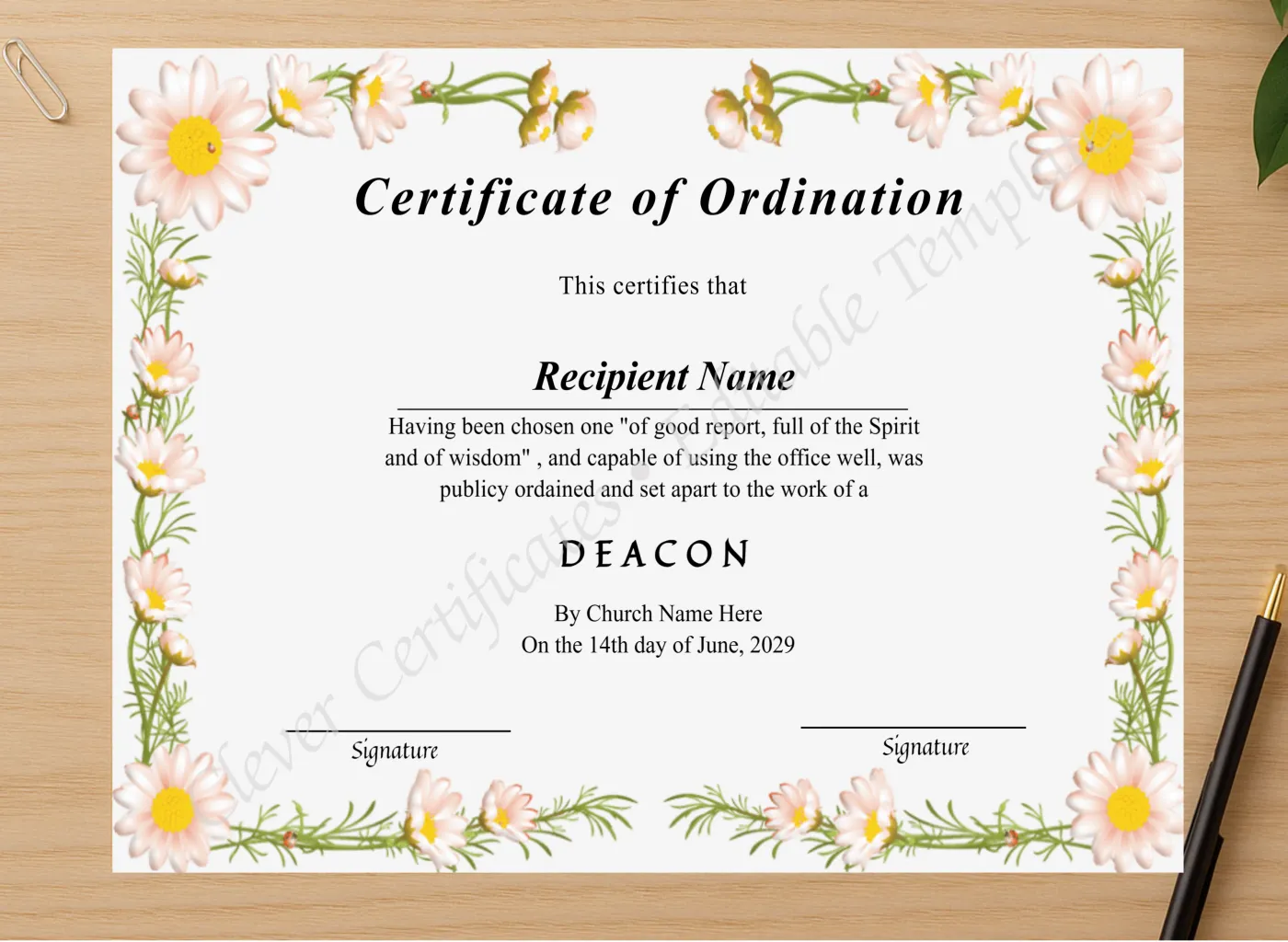 Professional preview of Editable Deacon Ordination Certificate certificate on high-quality stationery paper, ideal for showcasing the final look.