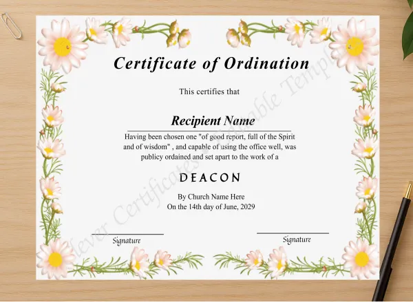 Professional preview of Editable Deacon Ordination Certificate certificate on high-quality stationery paper, ideal for showcasing the final look.