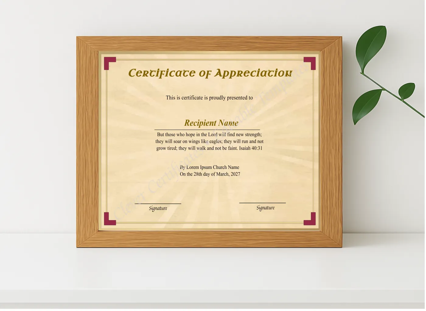 Realistic mockup featuring Printable Church Appreciation Certificate displayed within a modern frame, set against a minimalistic background.