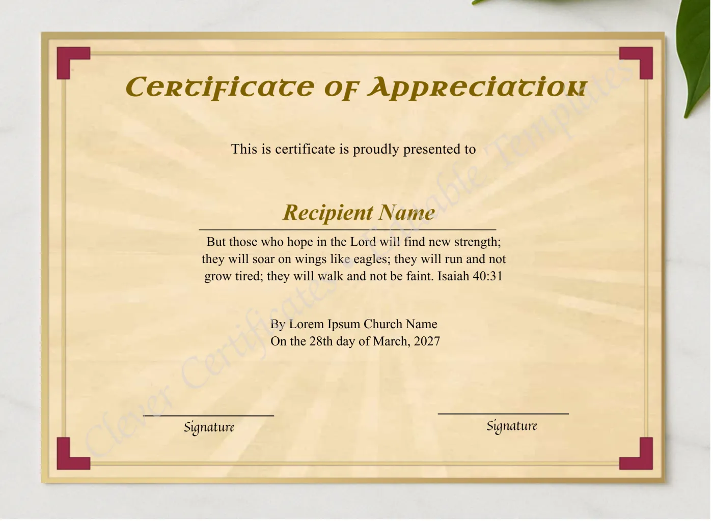 Printable Church Appreciation Certificate presented in a sleek wooden frame, elegantly arranged on a stylish table.