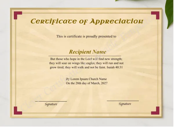 Printable Church Appreciation Certificate presented in a sleek wooden frame, elegantly arranged on a stylish table.