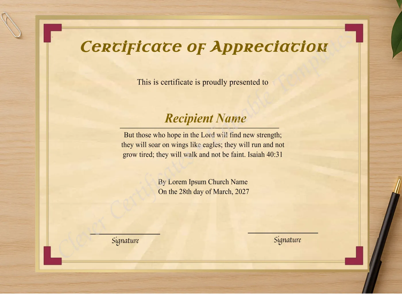 Professional preview of Printable Church Appreciation Certificate certificate on high-quality stationery paper, ideal for showcasing the final look.