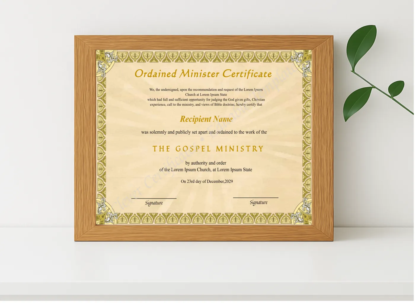 Realistic mockup featuring Editable Minister Ordination Certificate displayed within a modern frame, set against a minimalistic background.