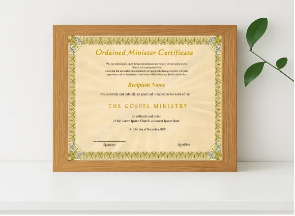 Realistic mockup featuring Editable Minister Ordination Certificate displayed within a modern frame, set against a minimalistic background.