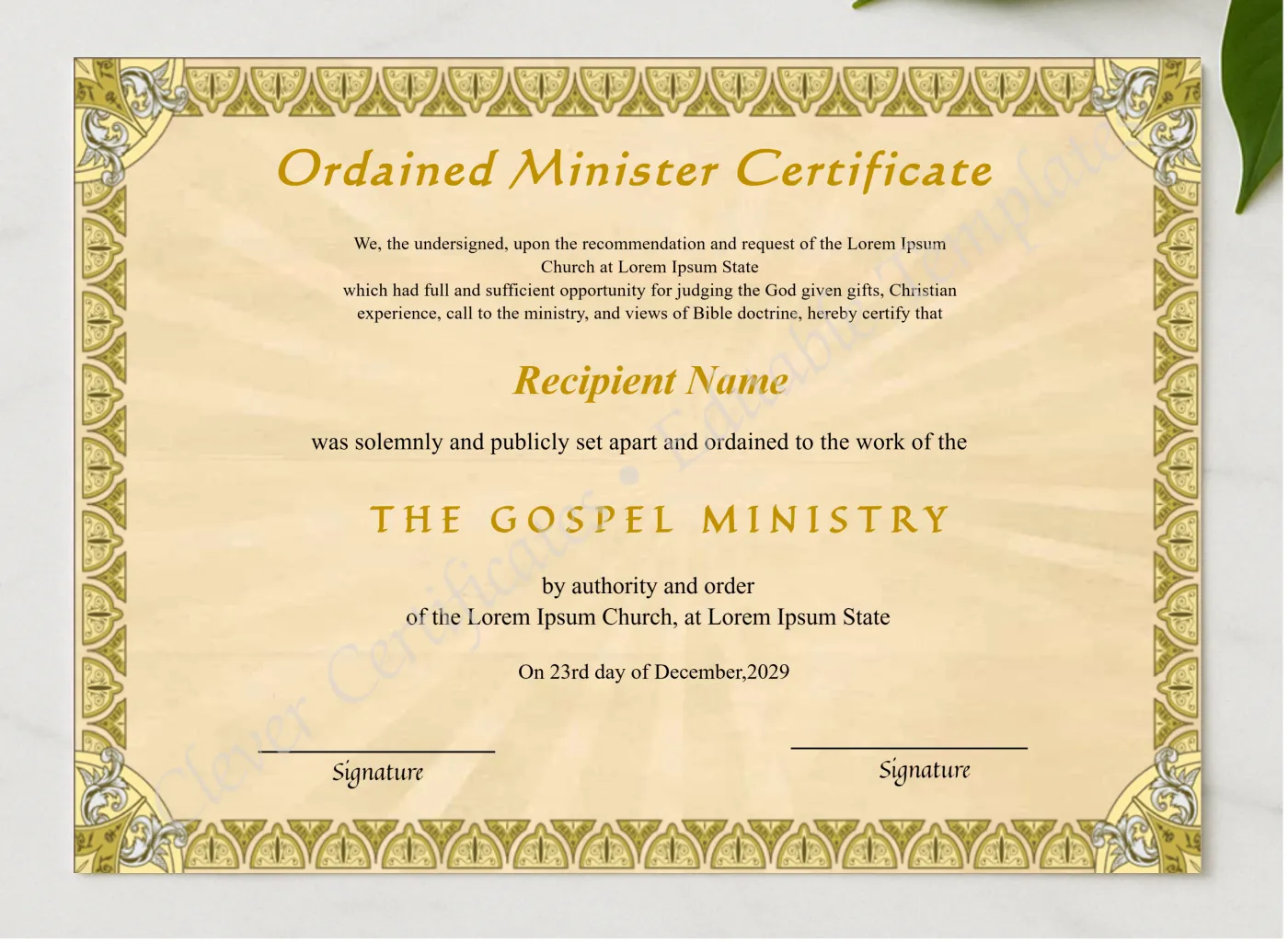Editable Minister Ordination Certificate presented in a sleek wooden frame, elegantly arranged on a stylish table.