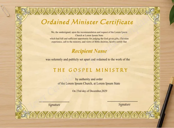 Professional preview of Editable Minister Ordination Certificate certificate on high-quality stationery paper, ideal for showcasing the final look.