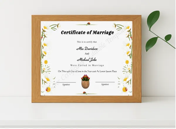 Realistic mockup featuring Downloadable Wedding Certificate displayed within a modern frame, set against a minimalistic background.