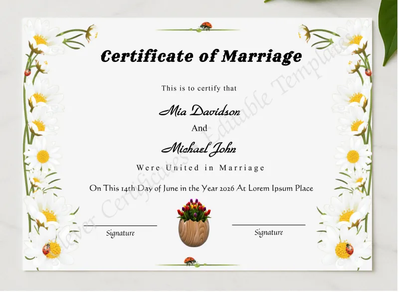 Downloadable Wedding Certificate presented in a sleek wooden frame, elegantly arranged on a stylish table.