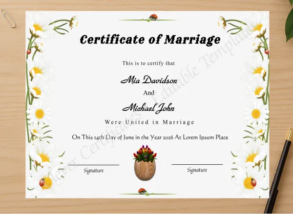 Professional preview of Downloadable Wedding Certificate certificate on high-quality stationery paper, ideal for showcasing the final look.