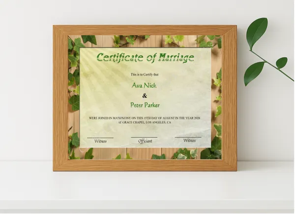 Realistic mockup featuring Editable Rustic Wedding Certificate displayed within a modern frame, set against a minimalistic background.