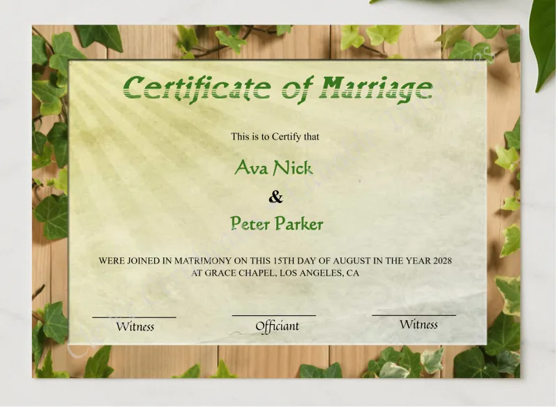 Editable Rustic Wedding Certificate presented in a sleek wooden frame, elegantly arranged on a stylish table.