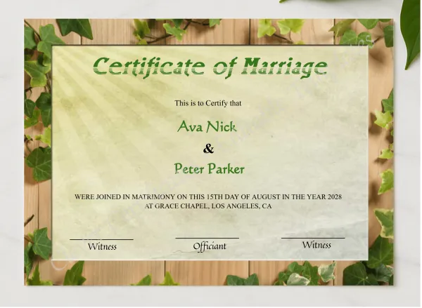 Editable Rustic Wedding Certificate presented in a sleek wooden frame, elegantly arranged on a stylish table.