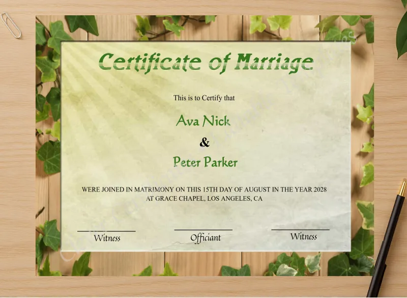 Professional preview of Editable Rustic Wedding Certificate certificate on high-quality stationery paper, ideal for showcasing the final look.