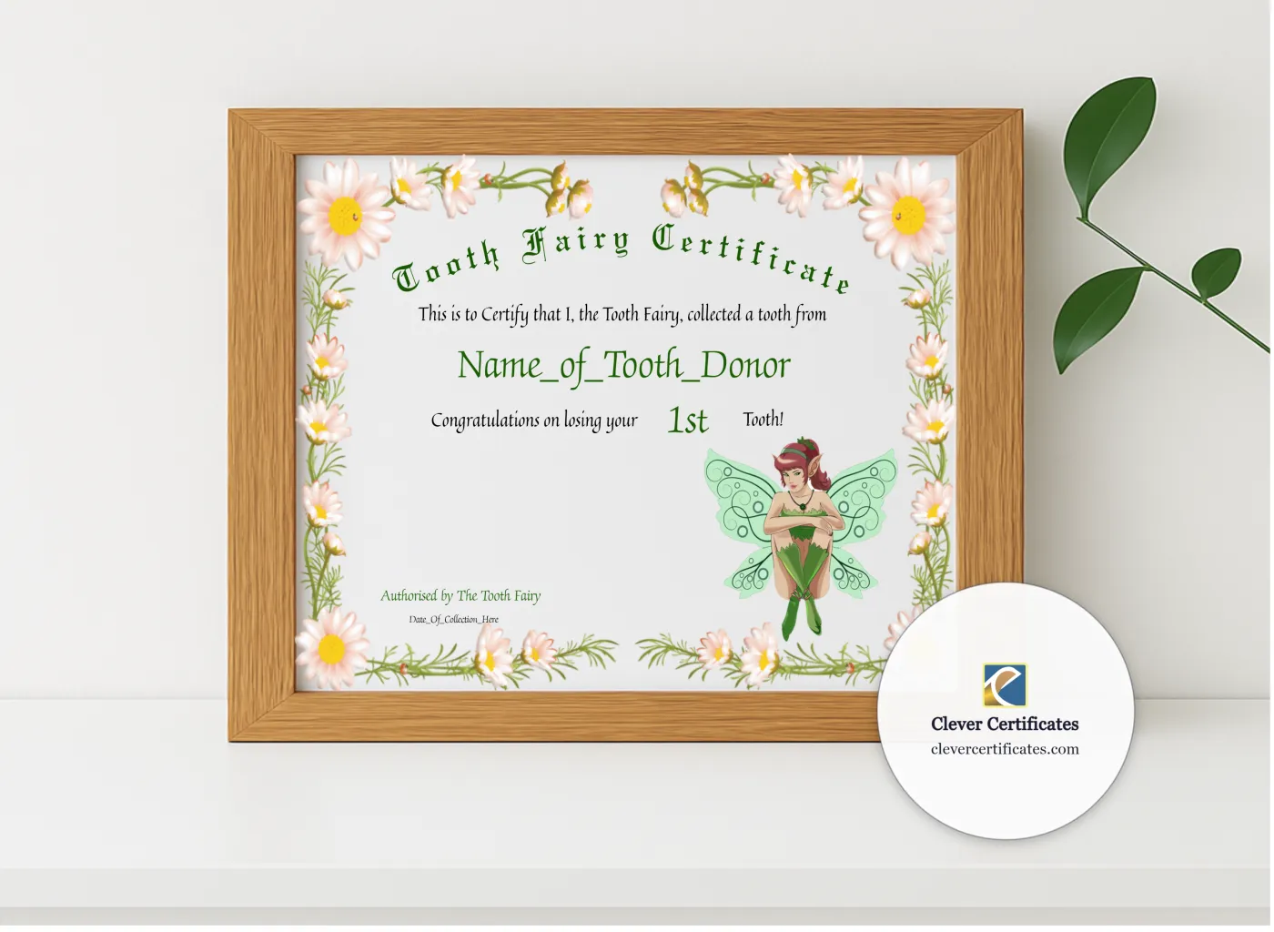 Realistic mockup featuring Tooth Fairy Certificate displayed within a modern frame, set against a minimalistic background.