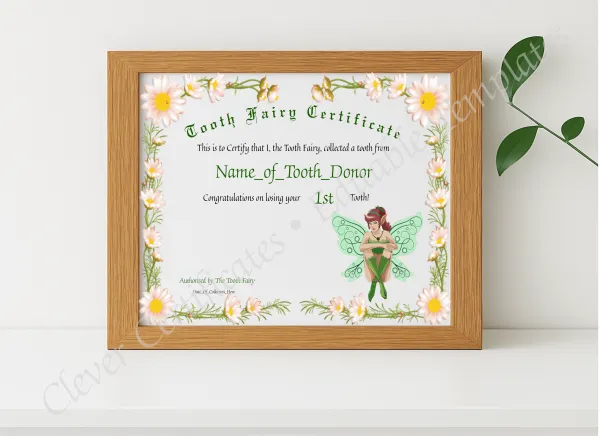 Realistic mockup featuring Tooth Fairy Certificate displayed within a modern frame, set against a minimalistic background.