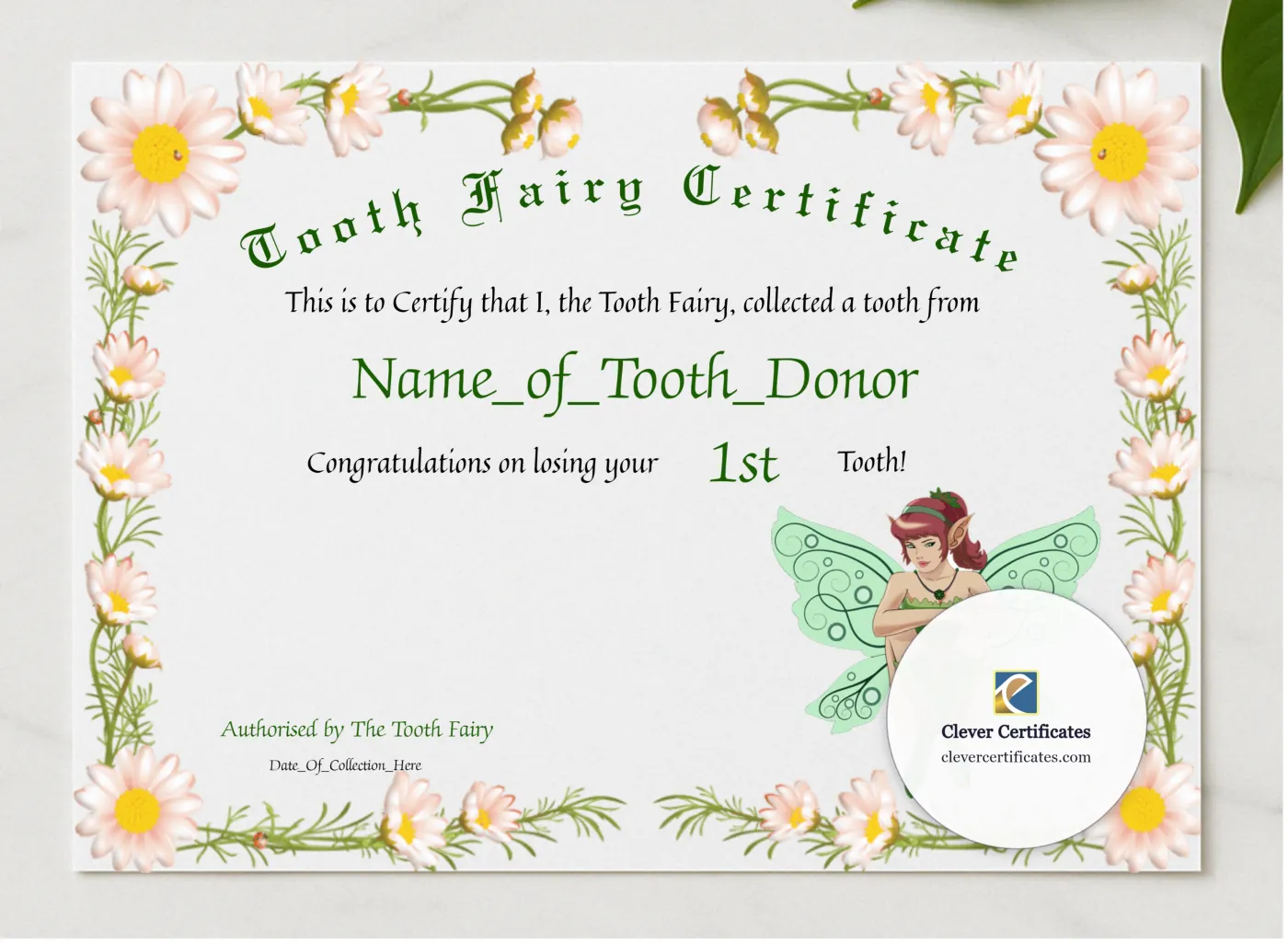 Tooth Fairy Certificate presented in a sleek wooden frame, elegantly arranged on a stylish table.