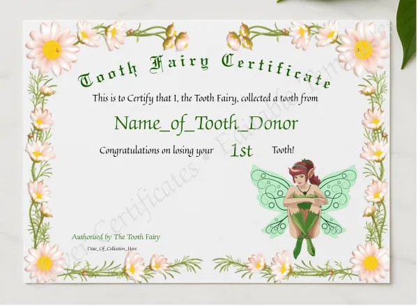 Tooth Fairy Certificate presented in a sleek wooden frame, elegantly arranged on a stylish table.