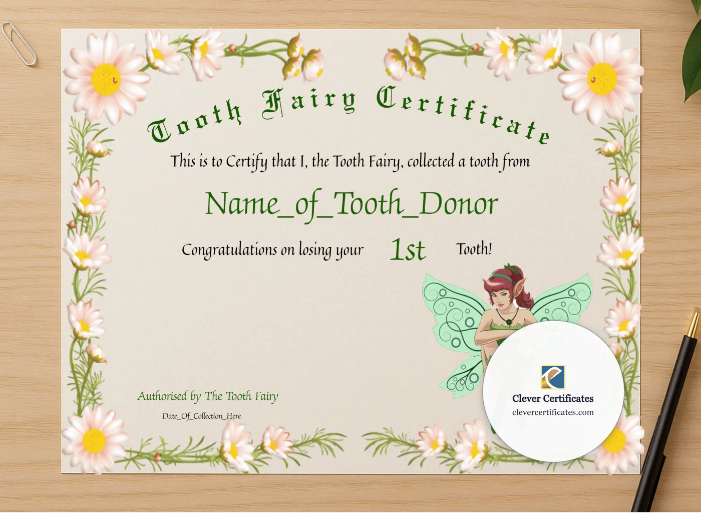 Professional preview of Tooth Fairy Certificate certificate on high-quality stationery paper, ideal for showcasing the final look.