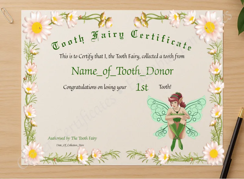 Professional preview of Tooth Fairy Certificate certificate on high-quality stationery paper, ideal for showcasing the final look.