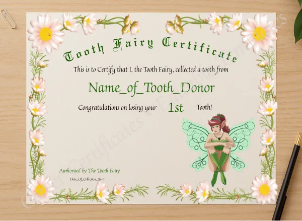 Professional preview of Tooth Fairy Certificate certificate on high-quality stationery paper, ideal for showcasing the final look.