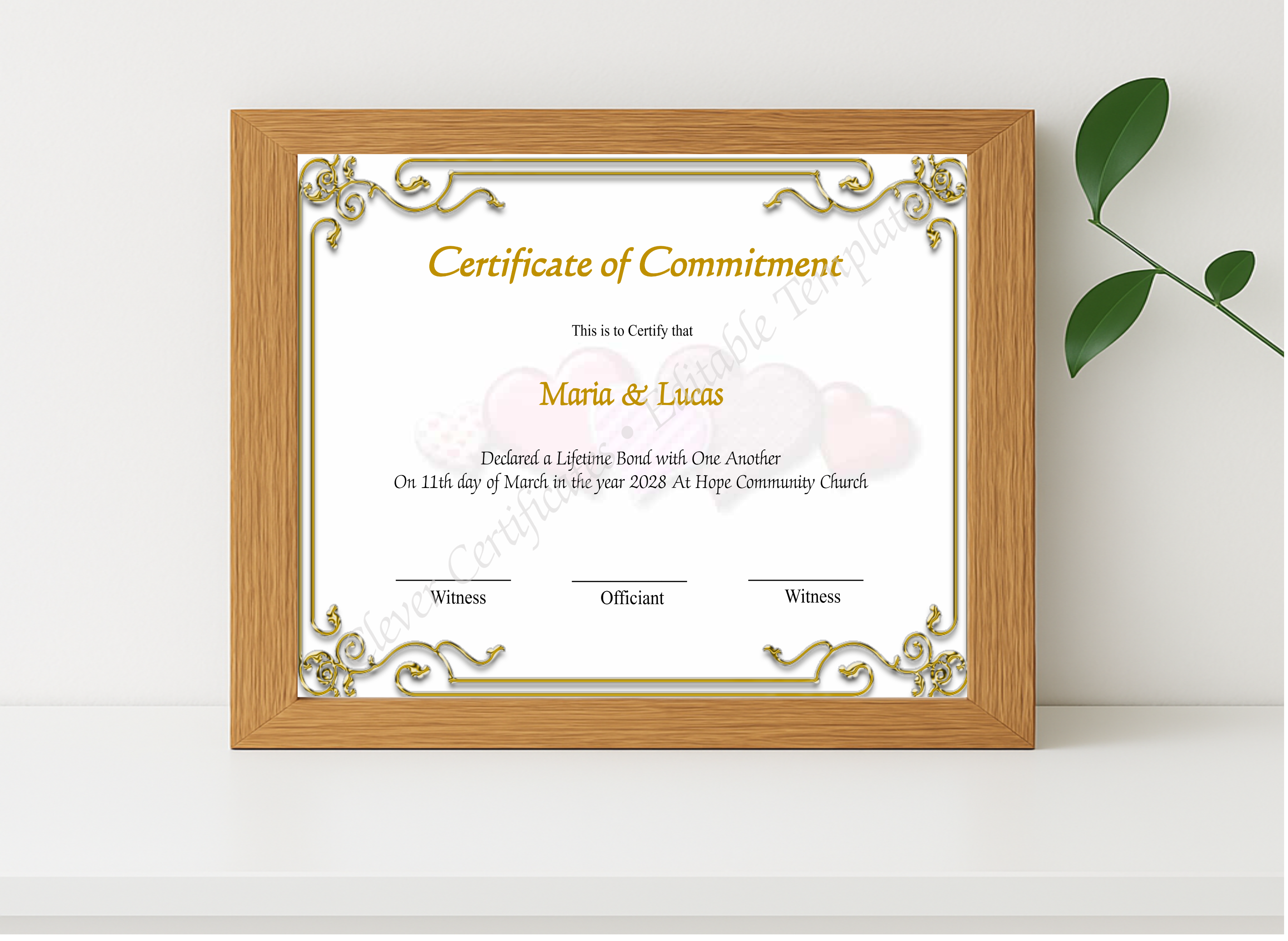Realistic mockup featuring Printable Certificate Of Commitment displayed within a modern frame, set against a minimalistic background.