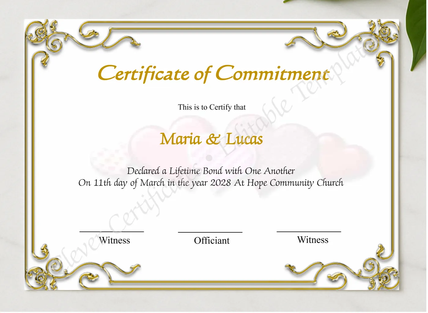 Printable Certificate Of Commitment presented in a sleek wooden frame, elegantly arranged on a stylish table.