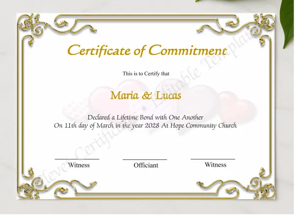 Printable Certificate Of Commitment presented in a sleek wooden frame, elegantly arranged on a stylish table.