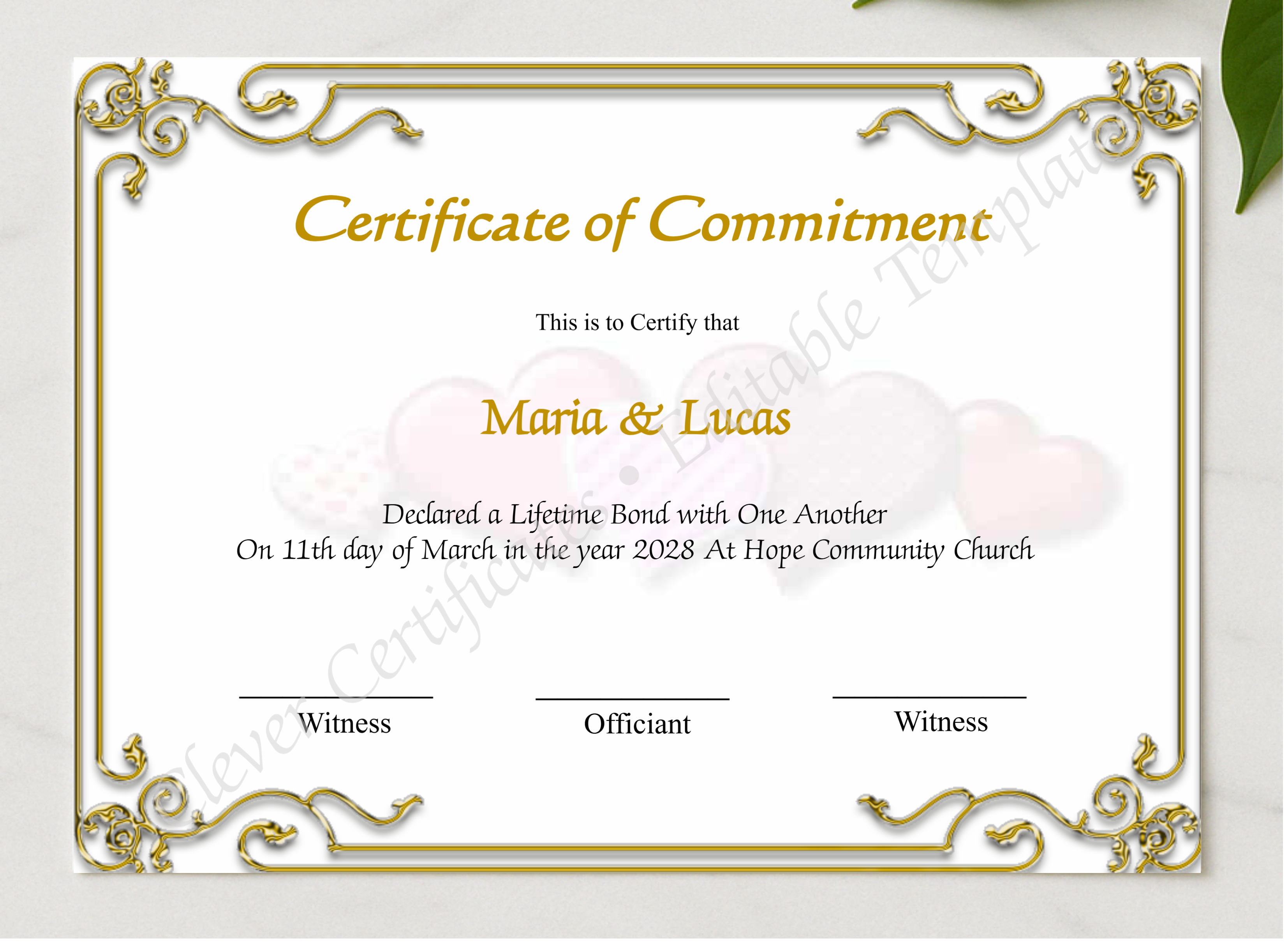 Printable Certificate Of Commitment presented in a sleek wooden frame, elegantly arranged on a stylish table.