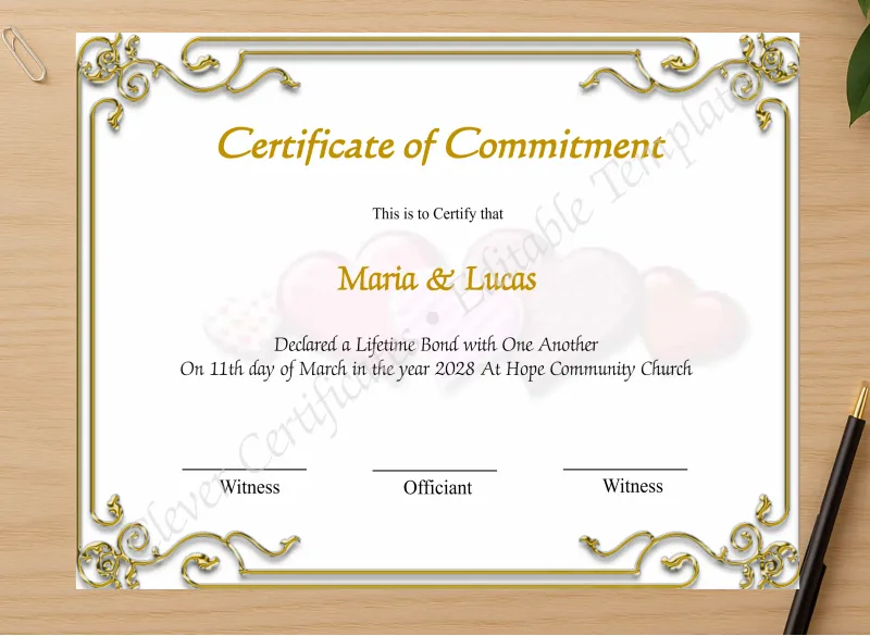 Professional preview of Printable Certificate Of Commitment certificate on high-quality stationery paper, ideal for showcasing the final look.