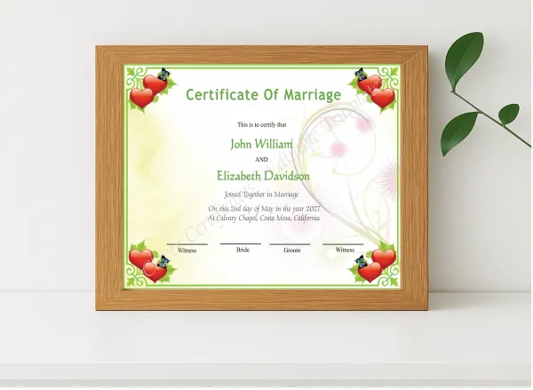 Realistic mockup featuring Editable Elegant Wedding Certificate displayed within a modern frame, set against a minimalistic background.