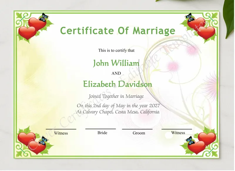 Editable Elegant Wedding Certificate presented in a sleek wooden frame, elegantly arranged on a stylish table.