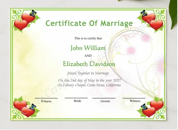 Editable Elegant Wedding Certificate presented in a sleek wooden frame, elegantly arranged on a stylish table.