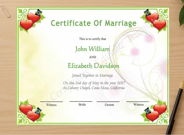 Professional preview of Editable Elegant Wedding Certificate certificate on high-quality stationery paper, ideal for showcasing the final look.