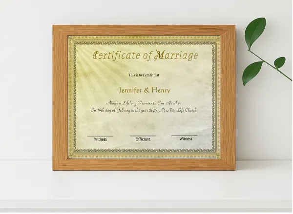 Realistic mockup featuring Printable Minimalist Wedding Keepsake Certificate displayed within a modern frame, set against a minimalistic background.