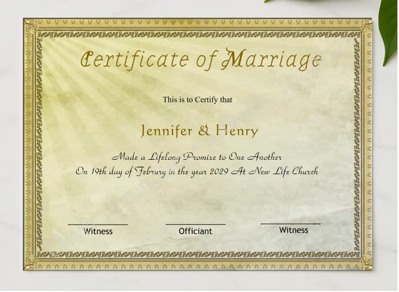 Printable Minimalist Wedding Keepsake Certificate presented in a sleek wooden frame, elegantly arranged on a stylish table.