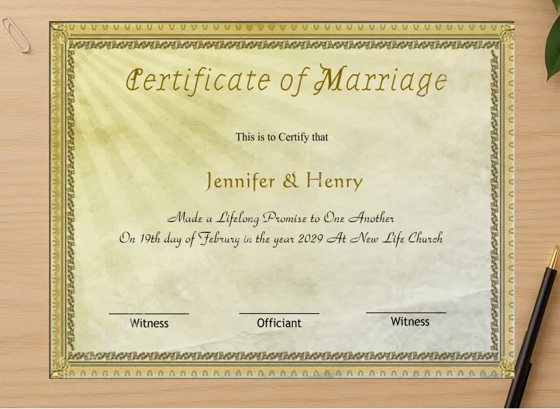 Professional preview of Printable Minimalist Wedding Keepsake Certificate certificate on high-quality stationery paper, ideal for showcasing the final look.