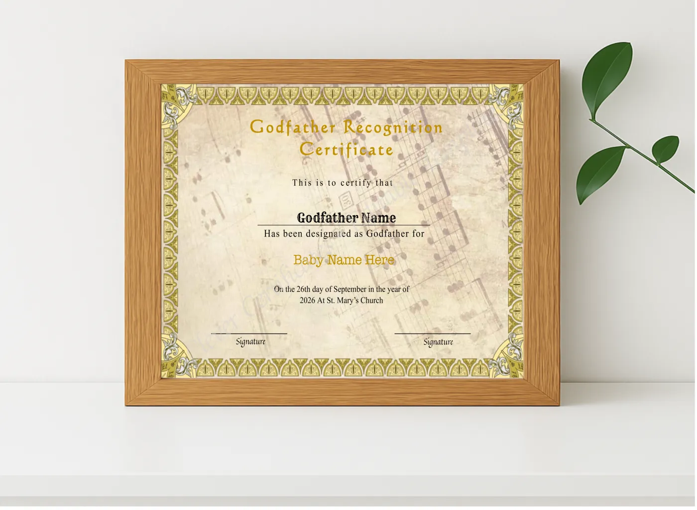 Realistic mockup featuring Printable Godfather Certificate displayed within a modern frame, set against a minimalistic background.