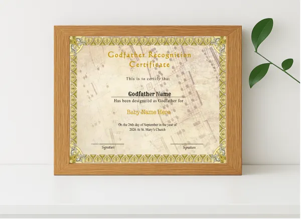 Realistic mockup featuring Printable Godfather Certificate displayed within a modern frame, set against a minimalistic background.
