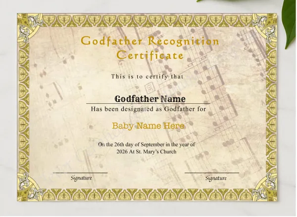 Printable Godfather Certificate presented in a sleek wooden frame, elegantly arranged on a stylish table.