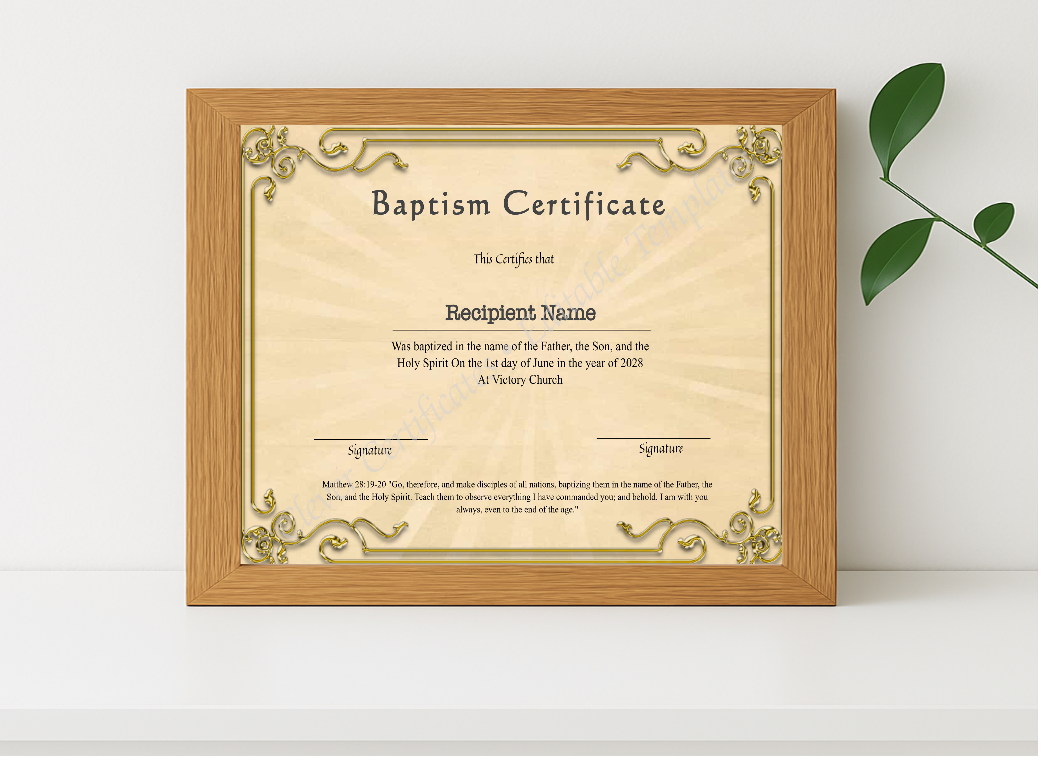 Realistic mockup featuring Downloadable Certificate Of Baptism displayed within a modern frame, set against a minimalistic background.