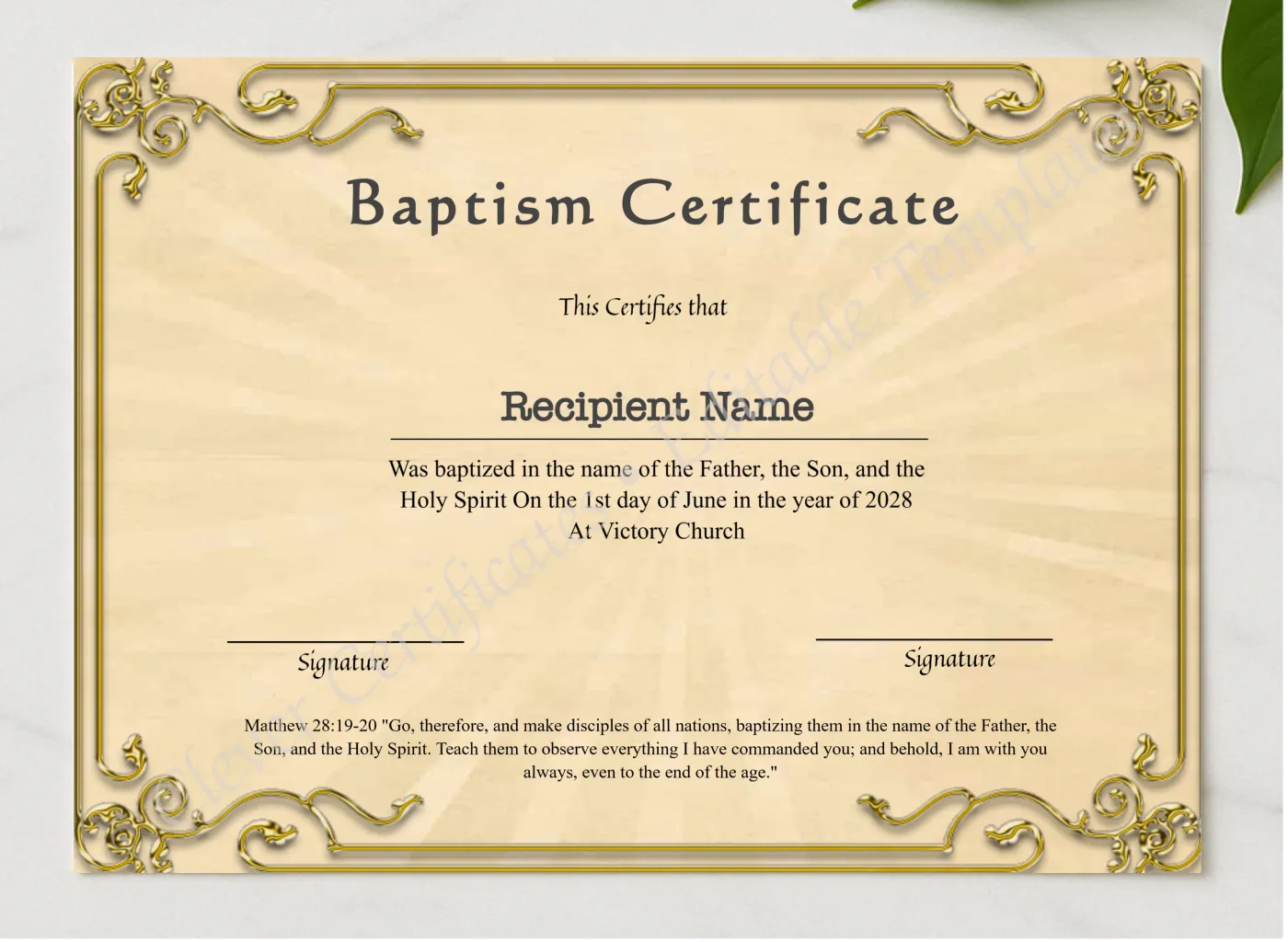Downloadable Certificate Of Baptism presented in a sleek wooden frame, elegantly arranged on a stylish table.