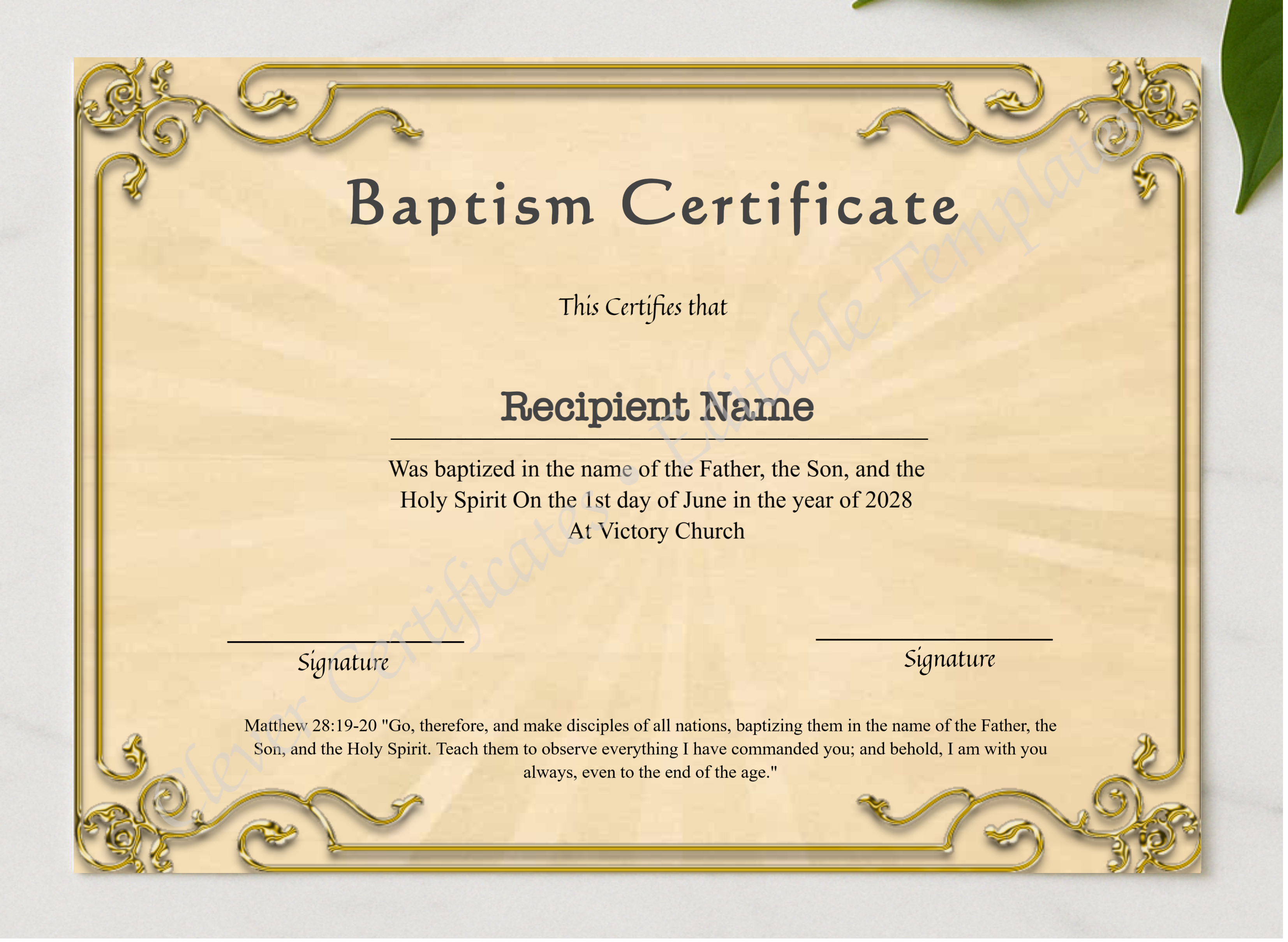 Downloadable Certificate Of Baptism presented in a sleek wooden frame, elegantly arranged on a stylish table.