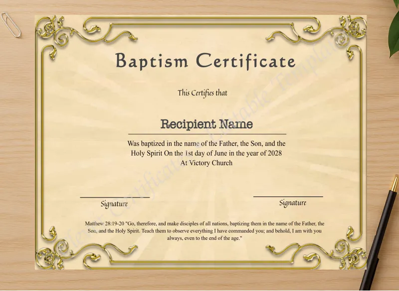Professional preview of Downloadable Certificate Of Baptism certificate on high-quality stationery paper, ideal for showcasing the final look.